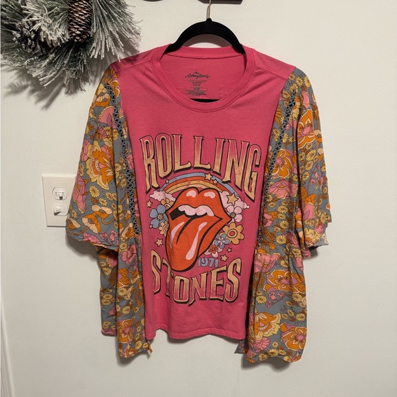 the Rolling Stones Tops - Custom Pink Rolling Stones Graphic Tee with Floral Sleeves
